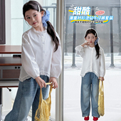 女童春秋长袖 儿童白色不规则花边衬衣大童烫钻牛仔阔腿裤 衬衫 套装