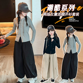 长袖 T恤套装 儿童双头拉链上衣小女孩打底衫 女童秋季 大童连帽开衫