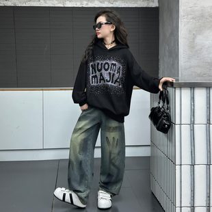 女童秋季爵士舞套装儿童酷飒黑色卫衣jazz上衣中大童舞蹈服街舞服