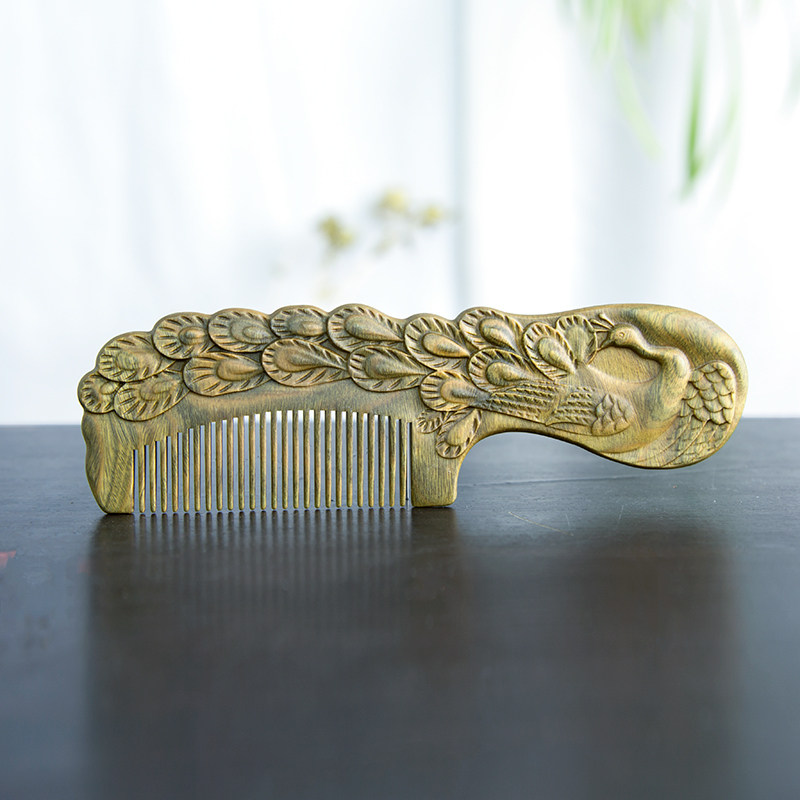 周广胜天然雕花木梳孔雀绿檀木梳子整木雕刻握把檀香木头梳礼品梳