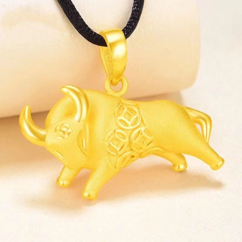 香港千足纯真金牛吊坠男女款项链本命年招财真金项链送礼