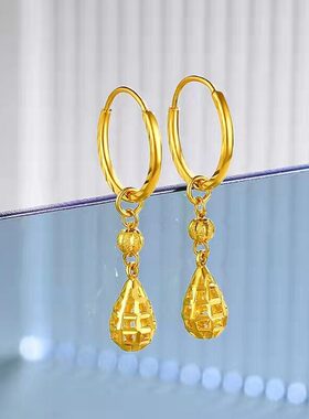 越南沙金耳环相思豆金色耳环3D硬金转运珠水滴耳钩女几何锡金耳钉