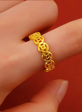 越南沙金暴富小铜钱戒指黄铜镀金