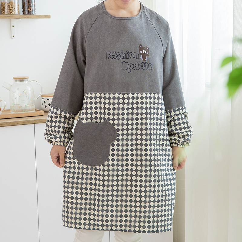 家用厨房长袖防污罩衣棋盘格围裙