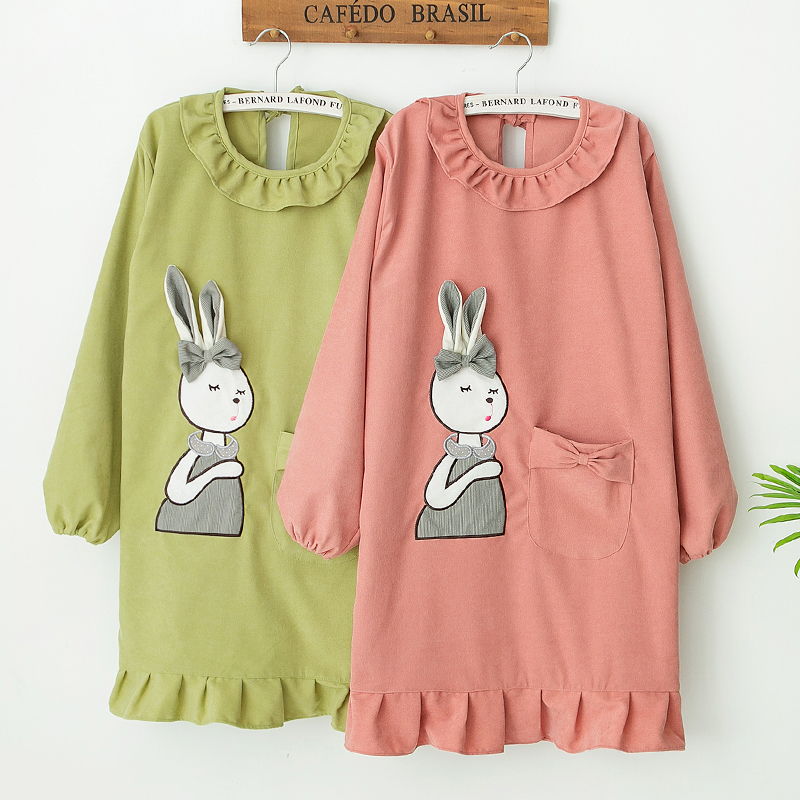 可爱风小白兔防水带袖灯芯绒围裙