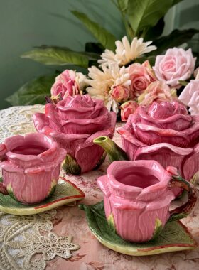 方亚釉下彩玫瑰花陶瓷茶具+调味罐一壶二杯蝶teapot Cup&saucer