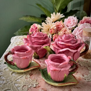 方亚釉下彩玫瑰花陶瓷茶具+调味罐一壶二杯蝶teapot Cup&saucer