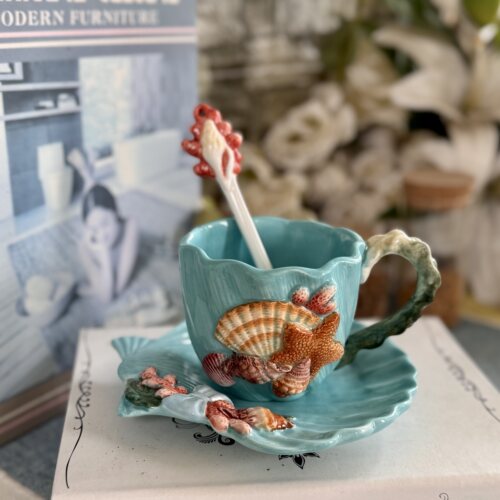 方亚意大利釉下彩超美热带贝壳海螺陶瓷咖啡杯花茶杯下午茶奶杯