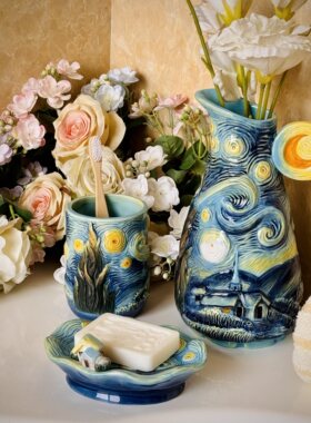 方亚釉下彩星空陶瓷花瓶+卫浴二件套家居饰品