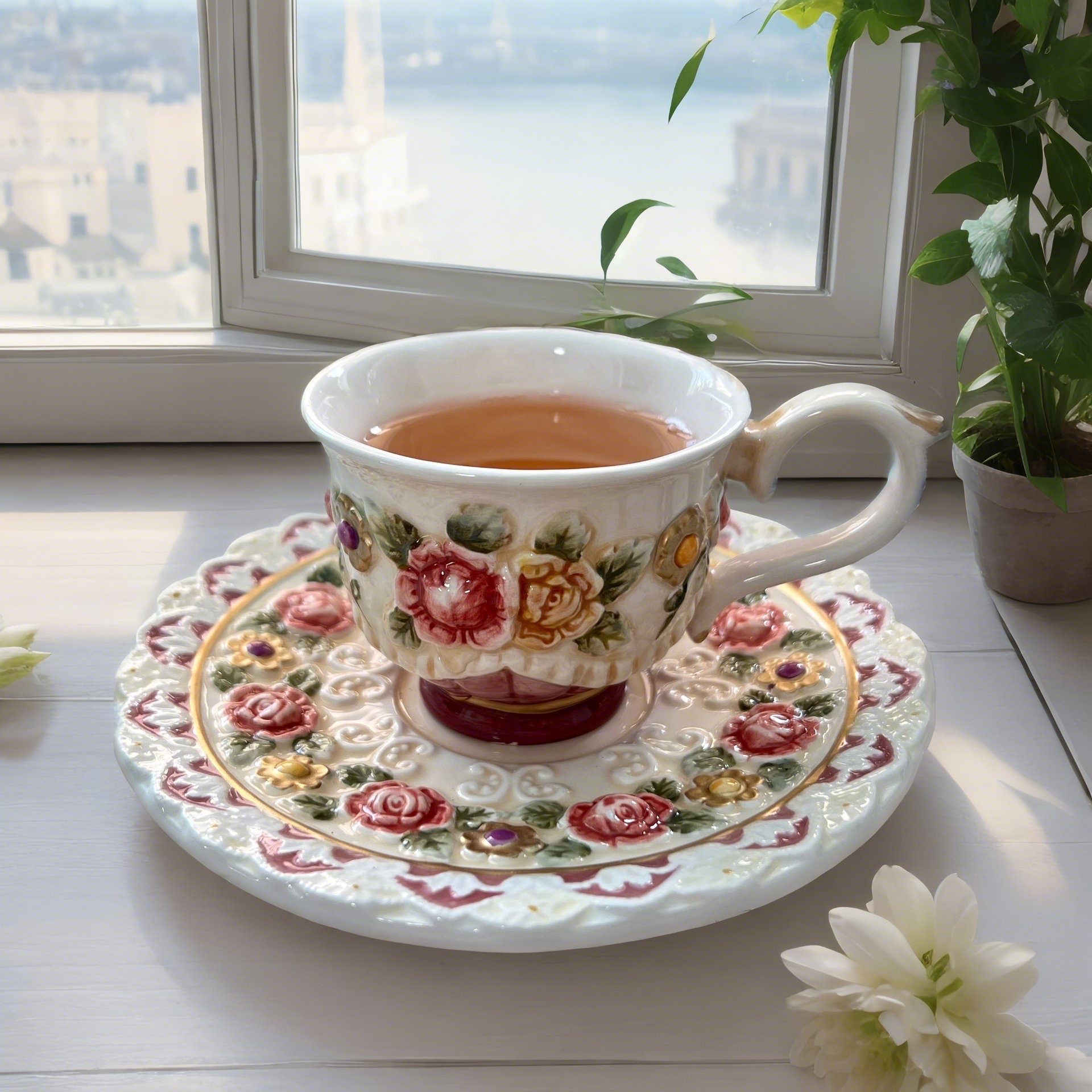 方亚欧式 维多利亚手绘浮雕玫瑰花陶瓷咖啡杯茶杯水杯家居礼品