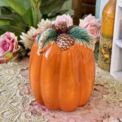 美国釉下彩丰收松果桔红色南瓜陶瓷摆件家居饰品Pumpkin figurine