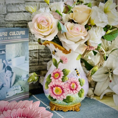 方亚釉下彩粉色太阳花陶瓷花瓶水培鲜花植物家居摆饰Pitcher Vase