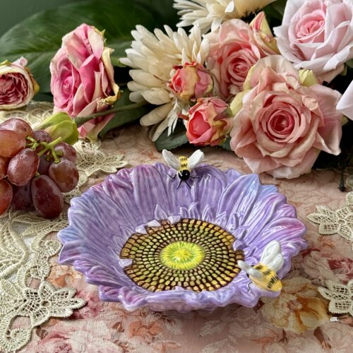 方亚釉下彩粉紫太阳花陶瓷果盘点心盘水果盘沙拉盘pastry plate