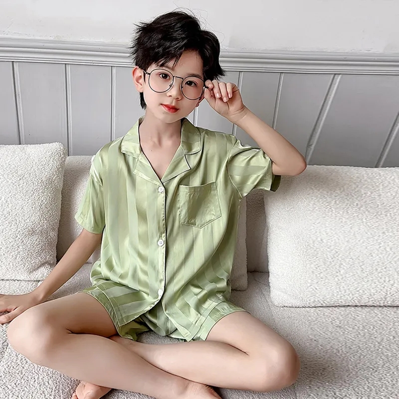 儿童夏季新款翻领短袖男童睡衣套装宽松冰丝大童空调服男孩家居服