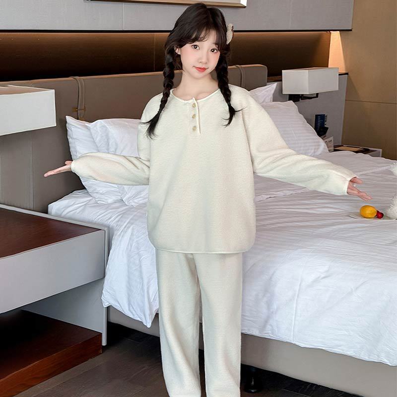 2025女孩秋冬季德绒保暖长袖法兰绒女童家居服套装中大童珊瑚睡衣