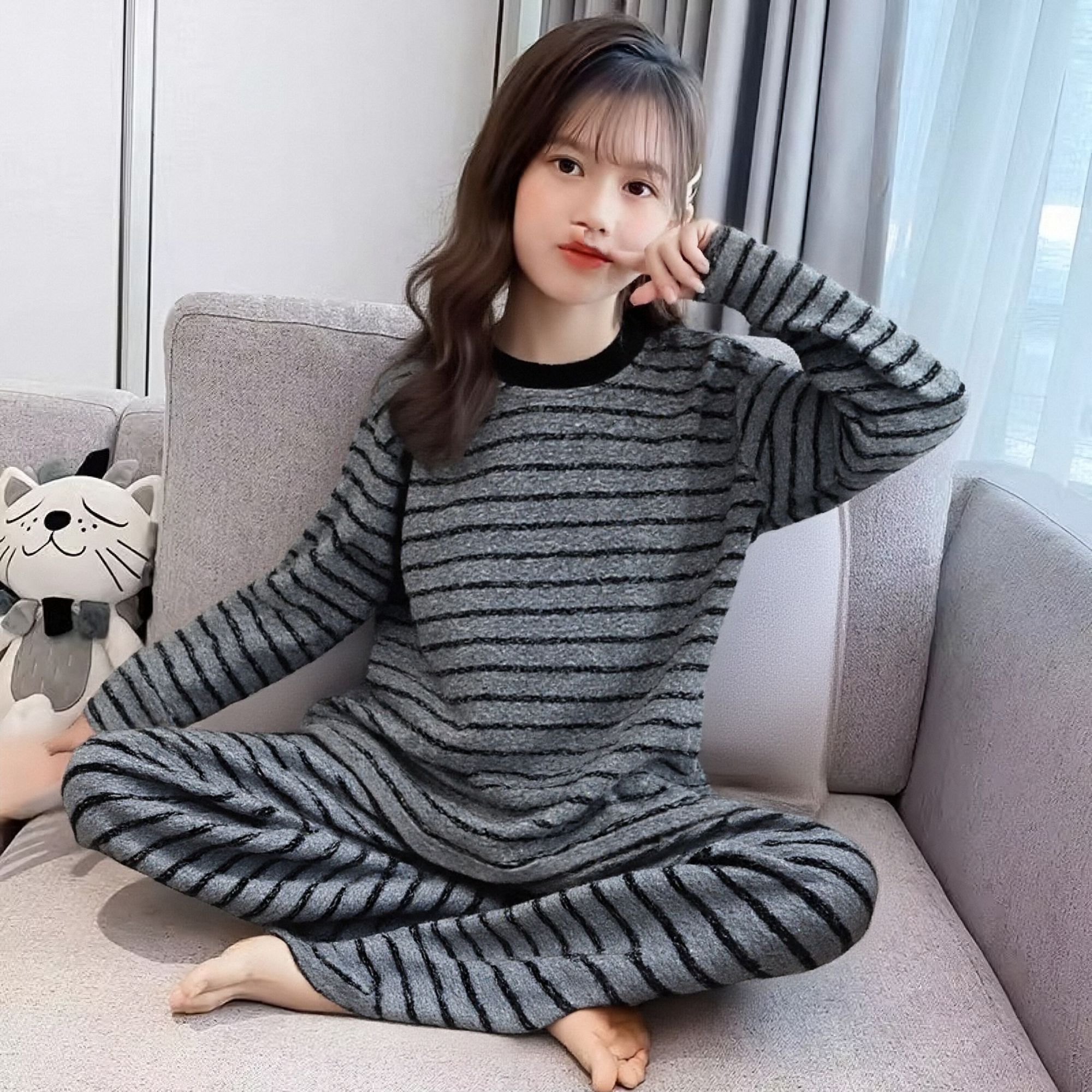 女童德绒条纹睡衣秋冬2025新款儿童中大童家居服保暖女孩长袖套装