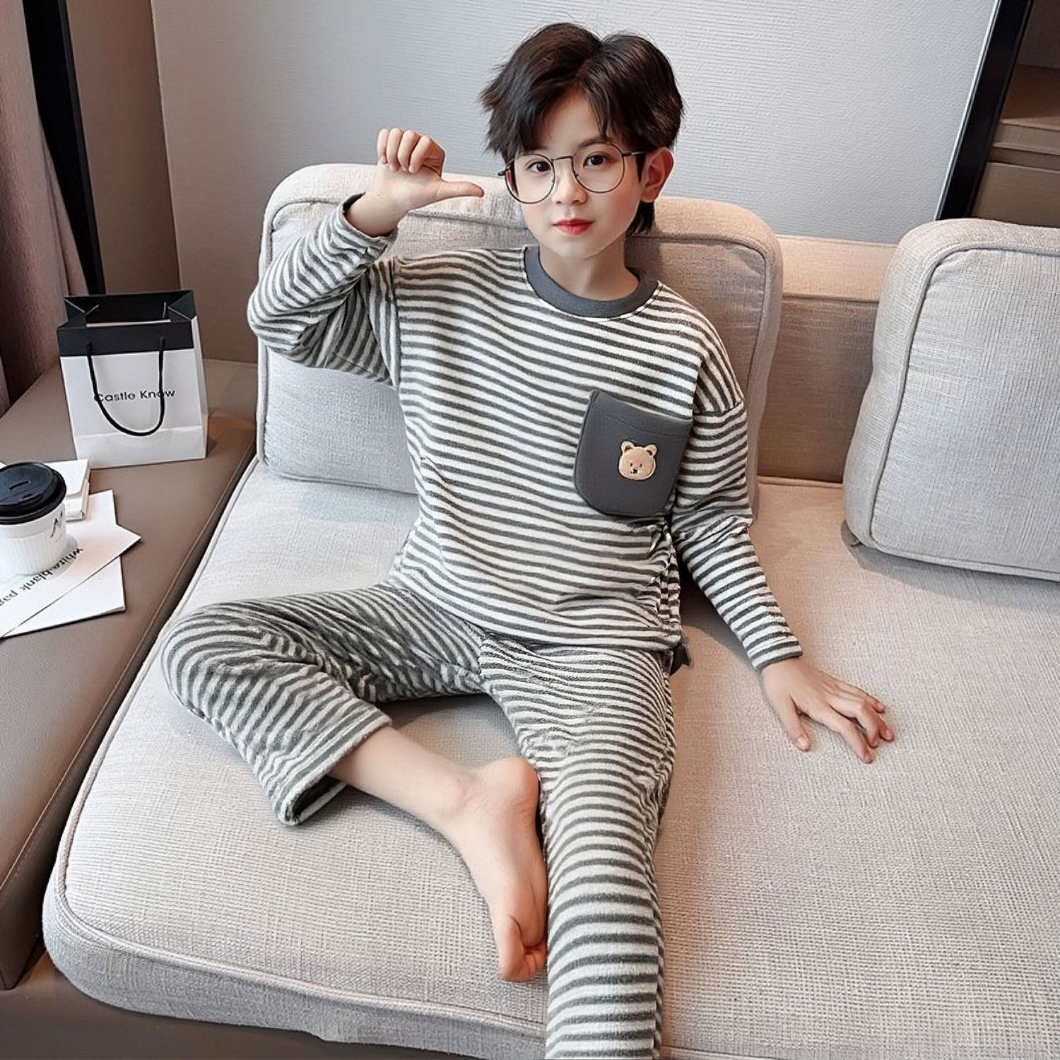 2025男童德绒睡衣套装秋冬新款保暖休闲条纹宽松中大童家居服套装