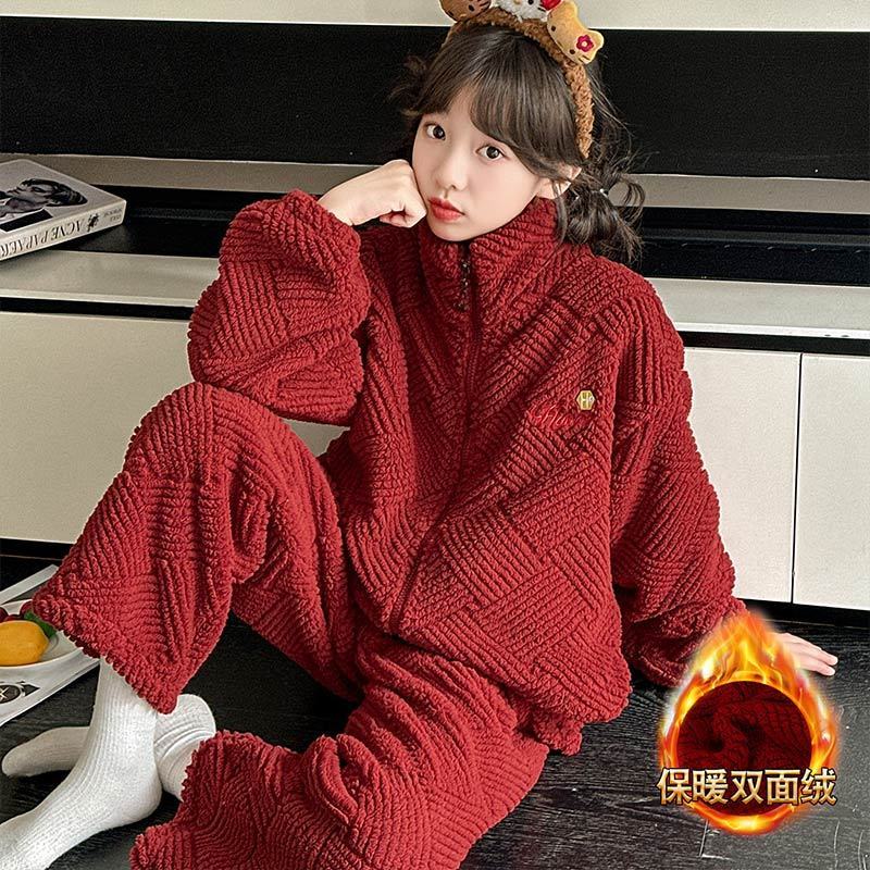 大红色双面绒女童珊瑚睡衣套装过年红冬季新款儿童保暖加厚家居服