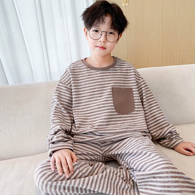 2025儿童德绒睡衣秋冬季保暖宝宝男童条纹家居服中大童空调服套装