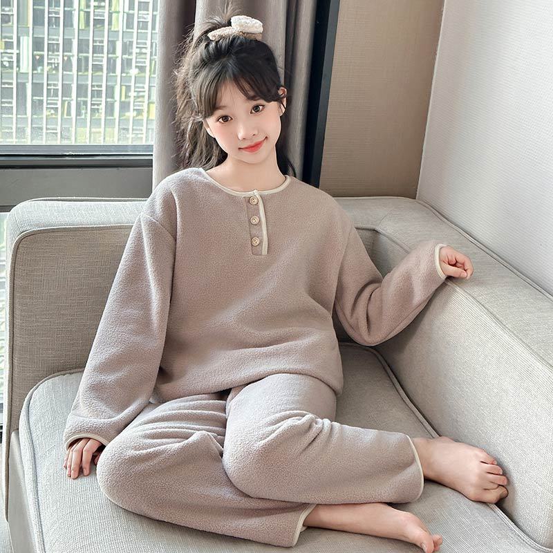 女孩睡衣秋冬季德绒保暖长袖法兰绒女童家居服套装中大童珊瑚睡衣