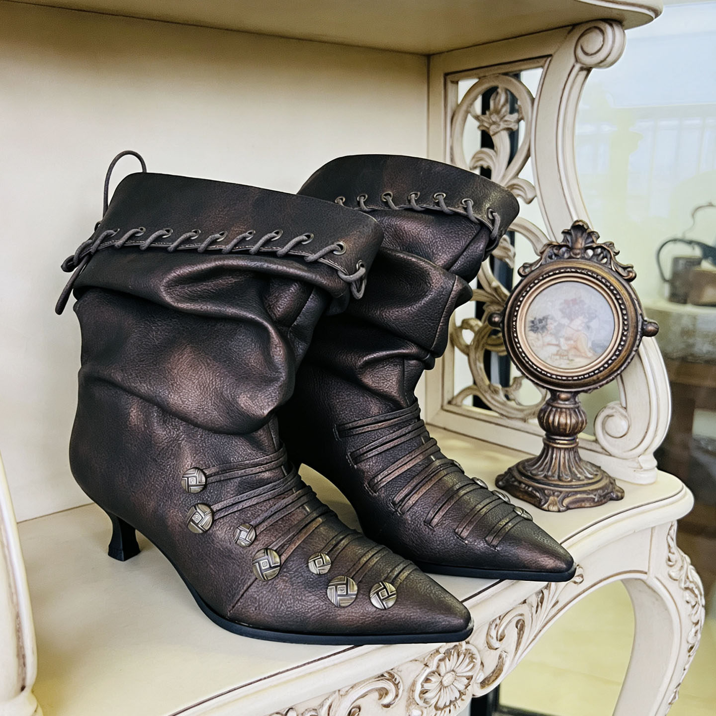 堆堆靴擦色真皮金属海盗扣穿绳绑带短靴女尖头朋克风细跟中筒皮靴