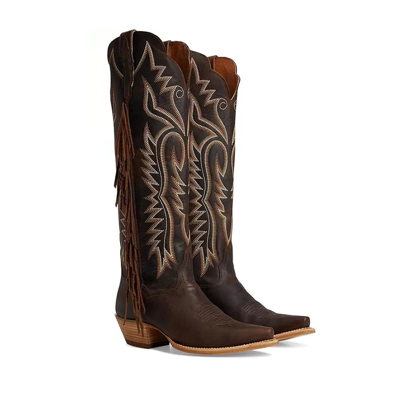 真皮棕色长靴刺绣西部牛仔靴女