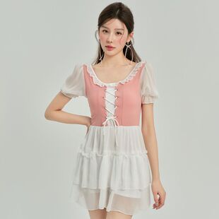 连体8699温柔风泳衣 法式 保守遮肚显瘦泳衣 裙式 女泳衣 短袖 新款