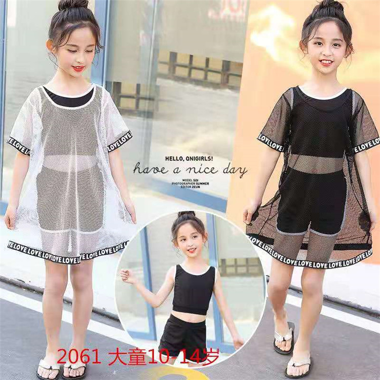 Girls swimsuit 2061 Middle and Big Girls Three-piece Set Split Naval Sports Academy Style Student Net Swimming Suit