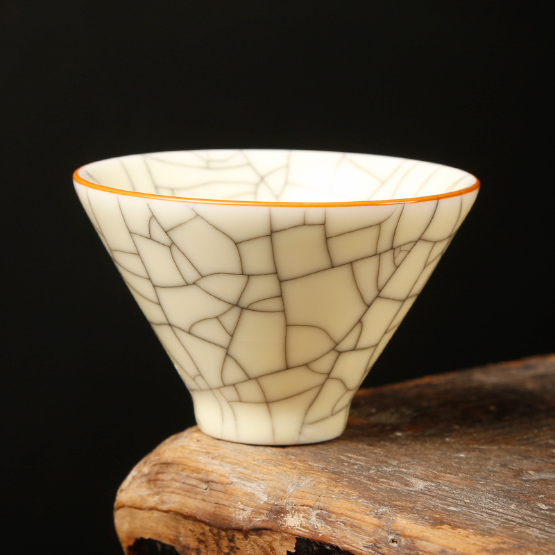 汝窑蜜蜡黄开片铁丝釉茶碗茶具铁丝汝窑主人杯单杯陶瓷手工品茗杯