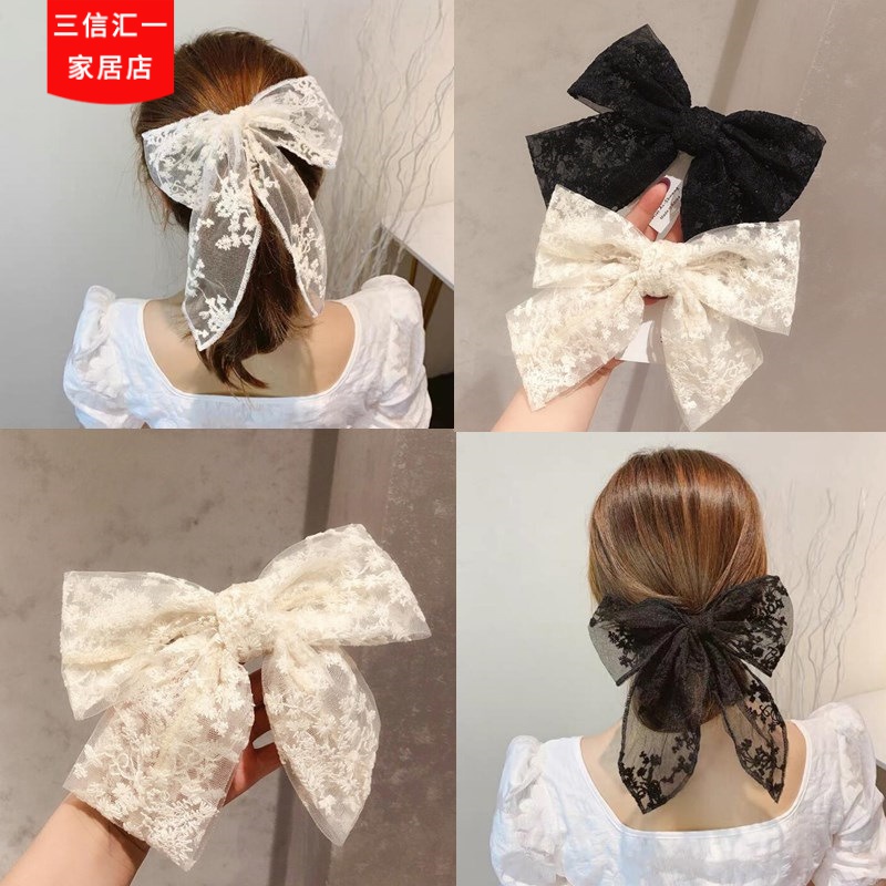 韩版蕾丝蝴蝶结发夹绣花甜美气质仙女飘带弹簧夹网红少女头饰顶夹