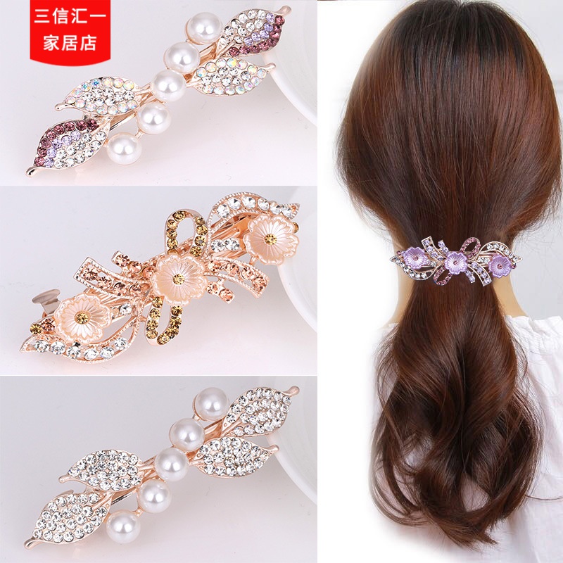 韩版珍珠水钻蝴蝶结大号发夹头饰 女士百搭弹簧马尾夹花朵发饰