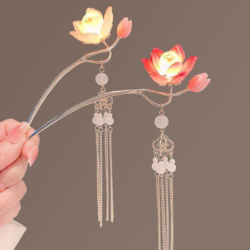 会发光的莲花宫灯发簪女古风汉服旗袍步摇荷花发钗超仙盘发簪子