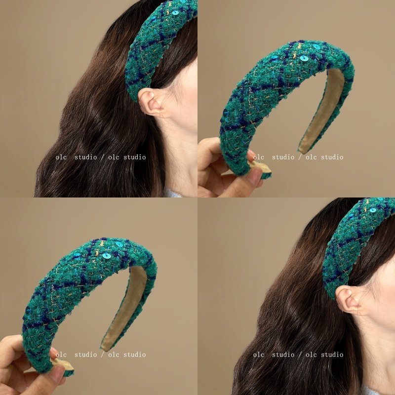 翠羽蓝~小香风粗花呢发箍女2024新款洋气头箍亮丝海绵发捆盘发器