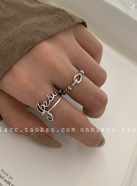 韩国东大门锁扣链条纯银复古戒指