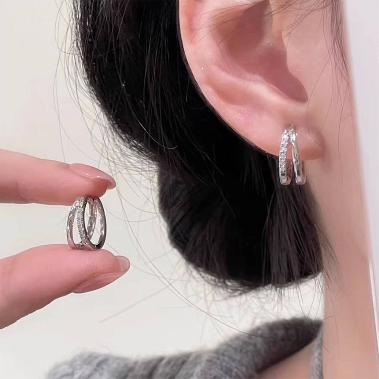 925银针双层圈圈耳环女小众气质高级感素圈耳饰2025新款爆款