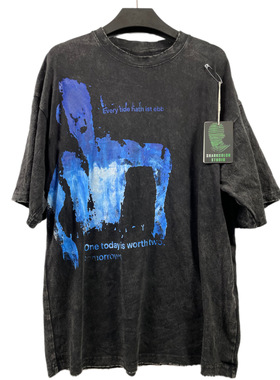 【sharkcolor】remake暗黑洗水做旧抽象印花T恤磨边破洞圆领短袖