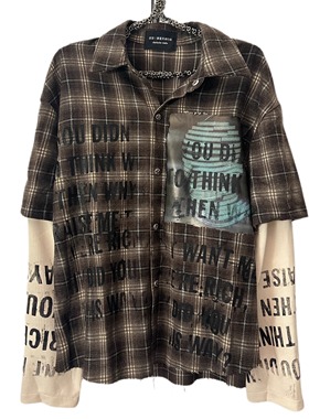 【sharkcolor】remake手工拼接格子衬衫 小众复古撞色假两件长袖T