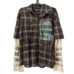 小众复古撞色假两件长袖 remake手工拼接格子衬衫 sharkcolor