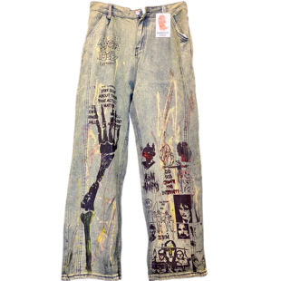 【sharkcolor】remake自制涂鸦纯手绘复古做旧泼墨阔腿牛仔裤男女