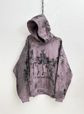 【sharkcolor】remake骷髅系列 擦脏复古vintage加绒连帽暗紫卫衣
