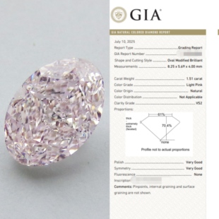 克拉鸽子蛋 1.51 VS2 浅粉天然钻GIA证书 粉钻