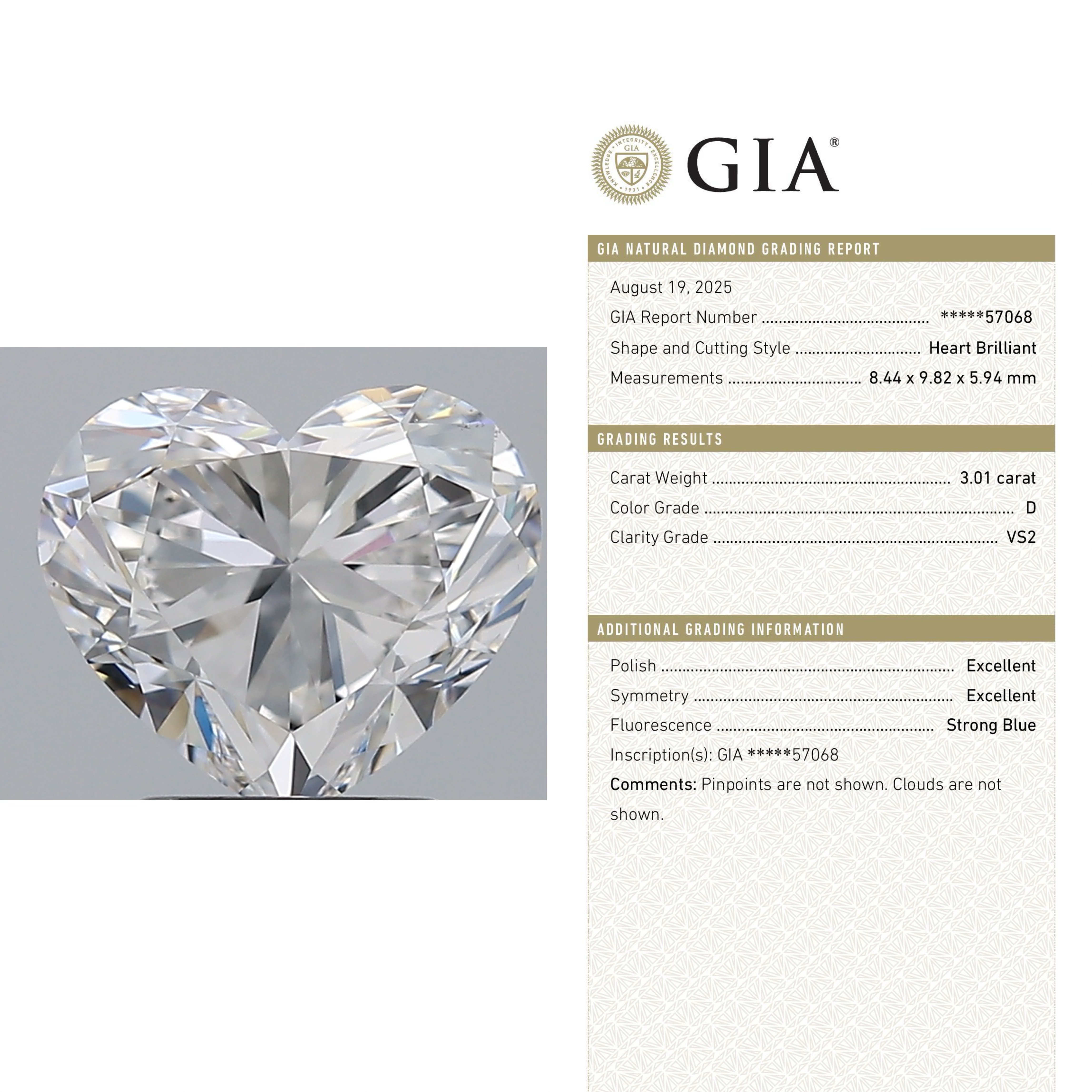 3.01 D VS2爱心 GIA 天然钻 非IGI培育 人工钻