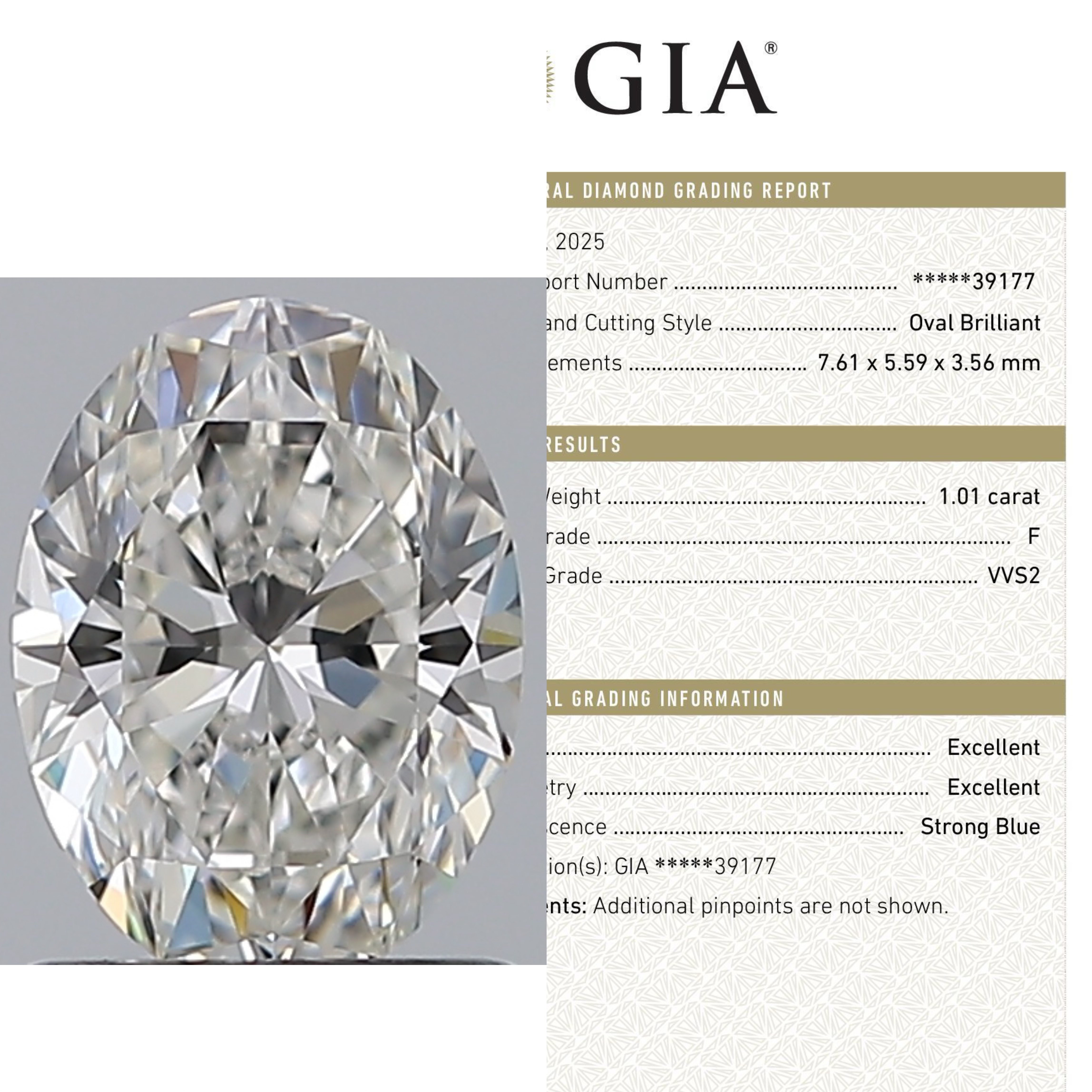 1.01ct F VVS2椭圆切工鸽子蛋 gia天然钻石非人工igi实验室