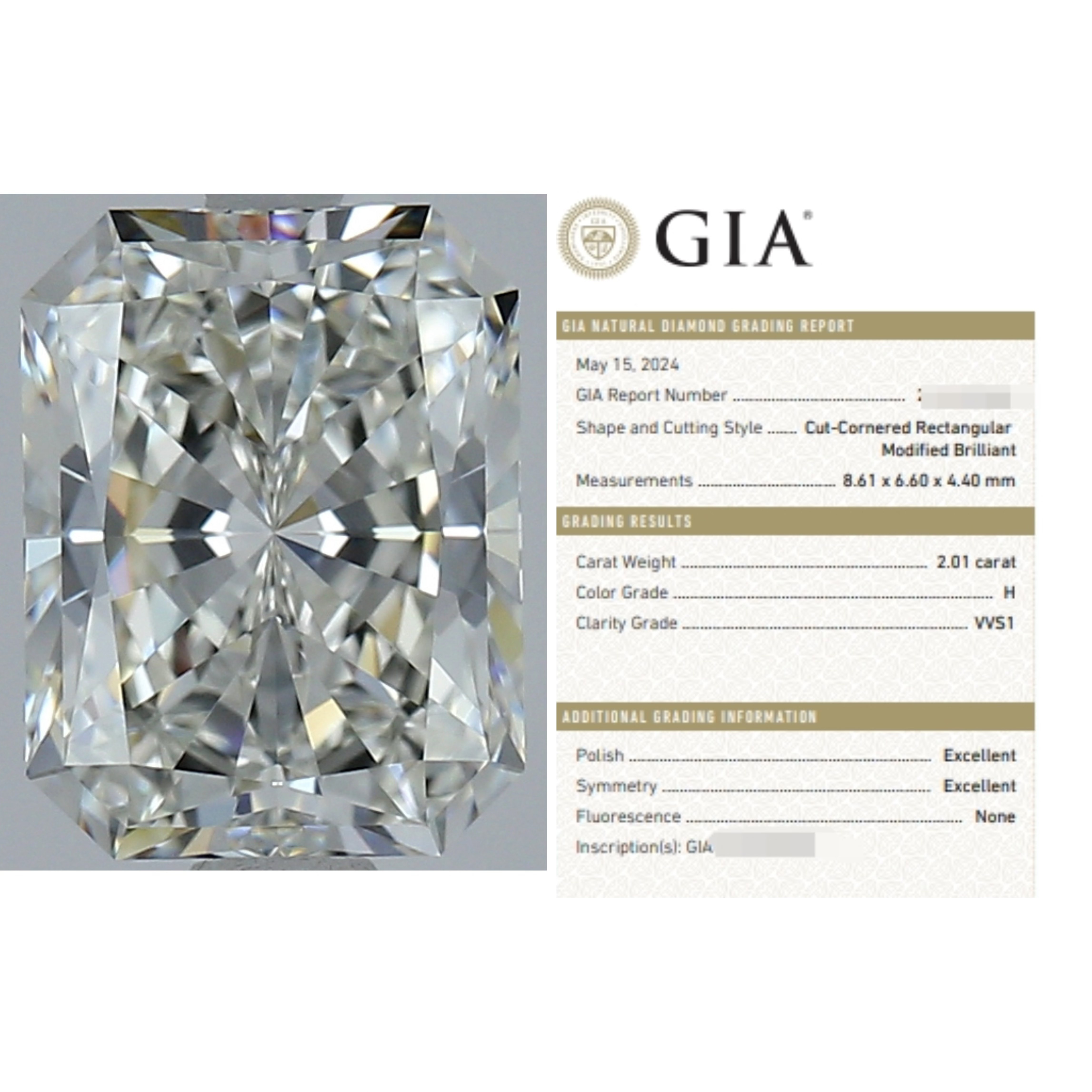 先恩尼2.01ct H VVS1 gia长雷长方形钻石裸钻天然钻非igi实验室