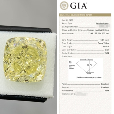 15.04 FY VVS2 天然中彩黄枕切鸽子蛋  GIA 非人工培育