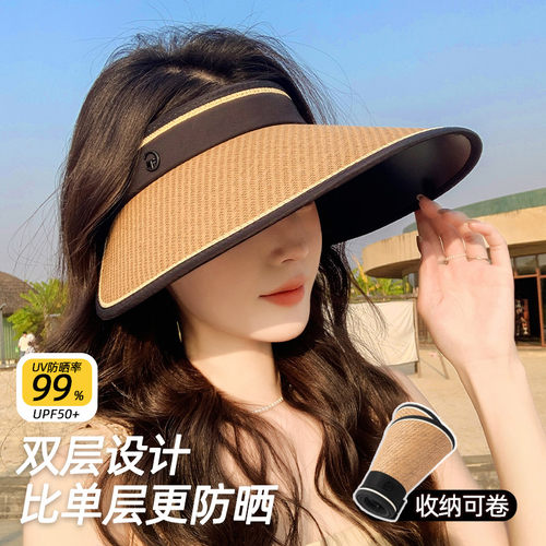 双层隔热~黑胶草编空顶防晒帽