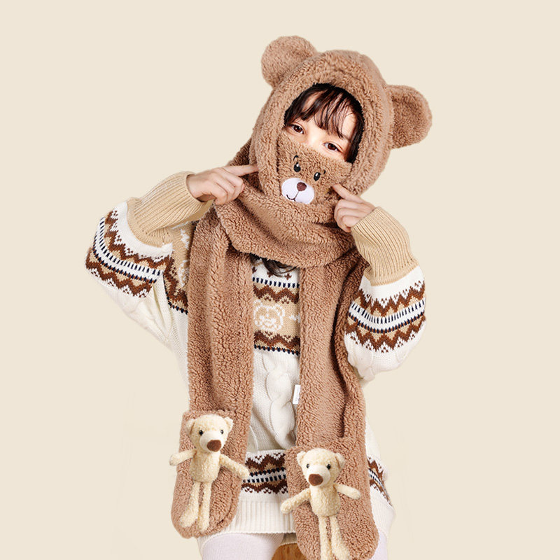 小熊口罩帽子儿童围巾帽手套一体毛绒护耳帽冬防护帽保暖防风可爱