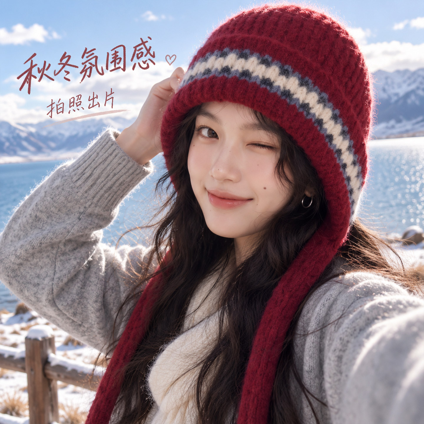 费尔岛风红色毛线雷锋冷帽女生秋冬天防寒保暖显脸小针织护耳帽子