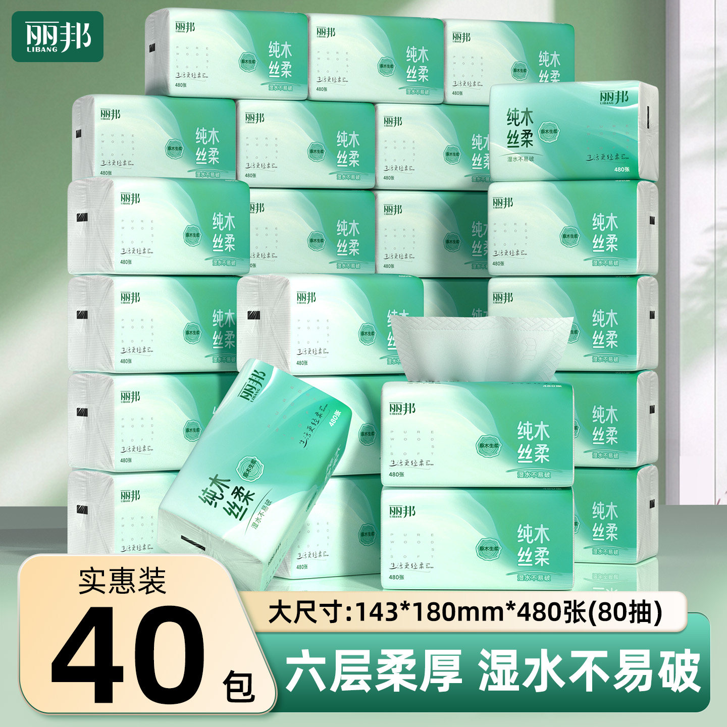 丽邦抽纸480张*40包家用实惠装整箱纸巾卫生纸擦手纸餐巾纸面纸
