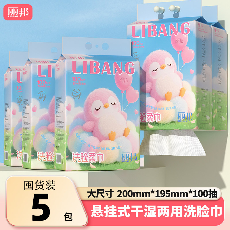 丽邦一次性洗脸巾100抽5大包壁挂式擦脸巾面巾悬挂式洗面巾洁面巾,洗护清洁剂/卫生巾/纸/香薰,棉柔巾/洗脸巾,淘宝优惠券,粉丝福利购,淘宝优惠卷